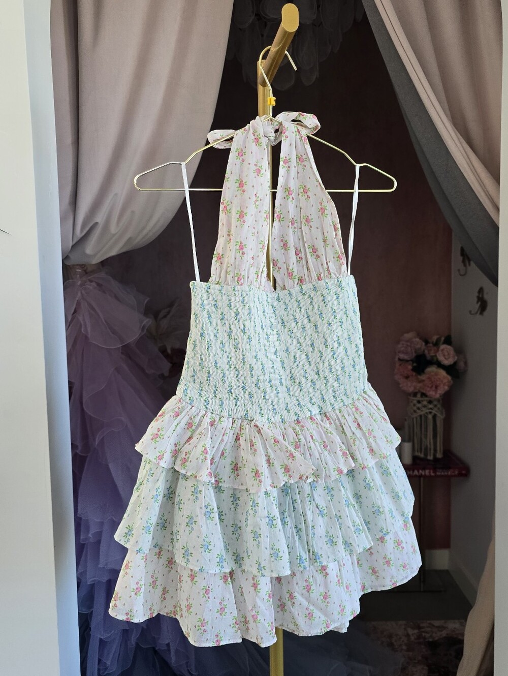 Alter'd State Floral Ruffle Halter Dress - Pink & Light Blue